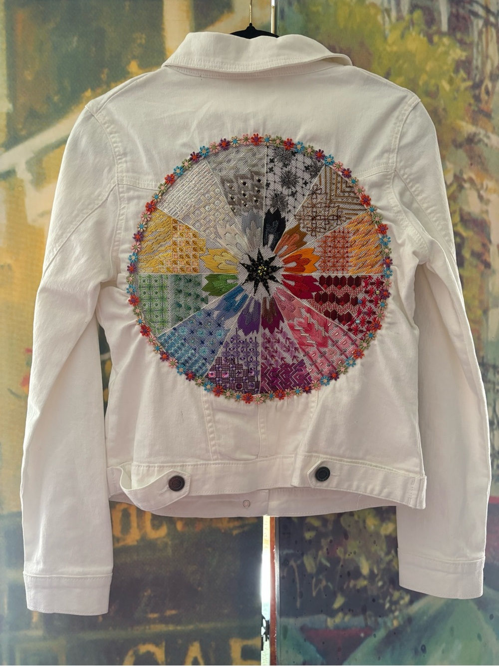 Riders by Lee Crisp White Denim Jacket with Intricate Needlepoint & Beaded Back
